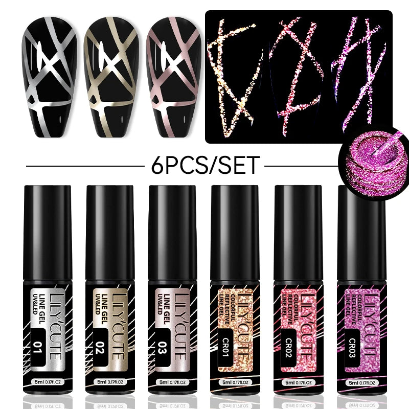 6Pcs Reflective Glitter Nail Art Liner Gel Kit