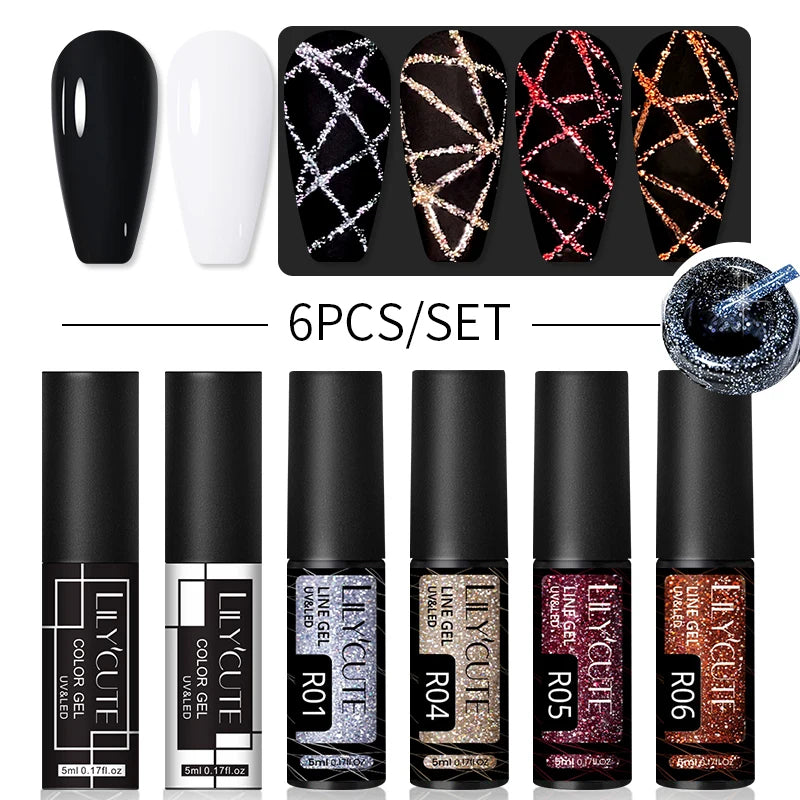 6Pcs Reflective Glitter Nail Art Liner Gel Kit