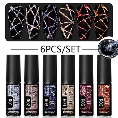 6Pcs Reflective Glitter Nail Art Liner Gel Kit