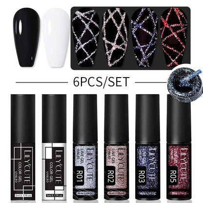 6Pcs Reflective Glitter Nail Art Liner Gel Kit