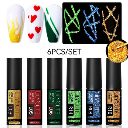 6Pcs Reflective Glitter Nail Art Liner Gel Kit