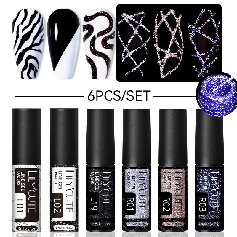 6Pcs Reflective Glitter Nail Art Liner Gel Kit