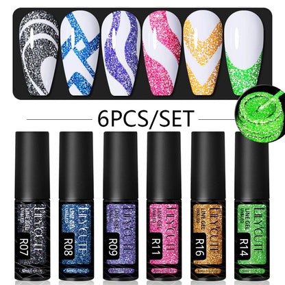 6Pcs Reflective Glitter Nail Art Liner Gel Kit