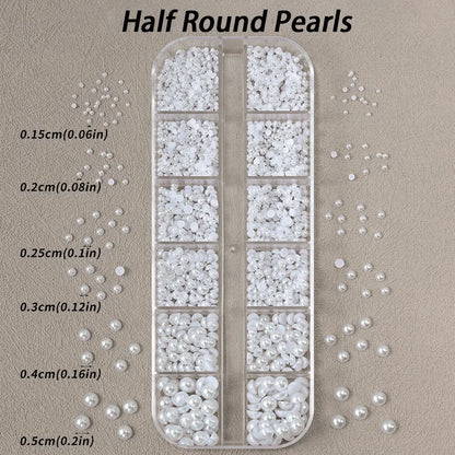 12-Grids Half Round Pearls Beads & Rhinestones for Nail Art