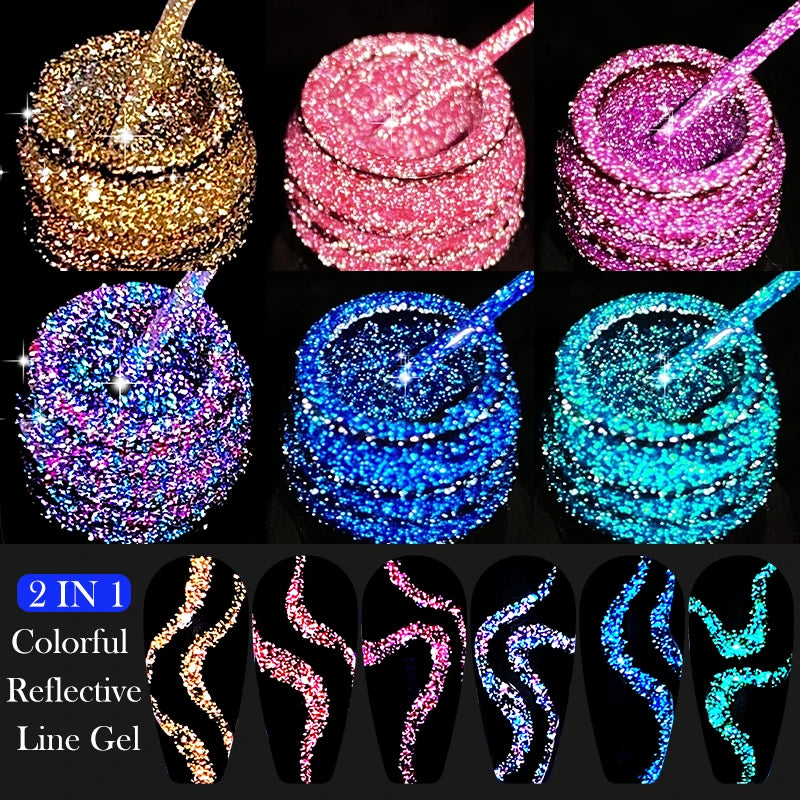 6Pcs Reflective Glitter Nail Art Liner Gel Kit