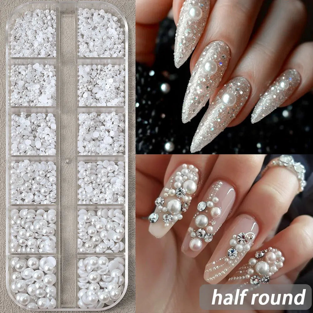 12-Grids Half Round Pearls Beads & Rhinestones for Nail Art