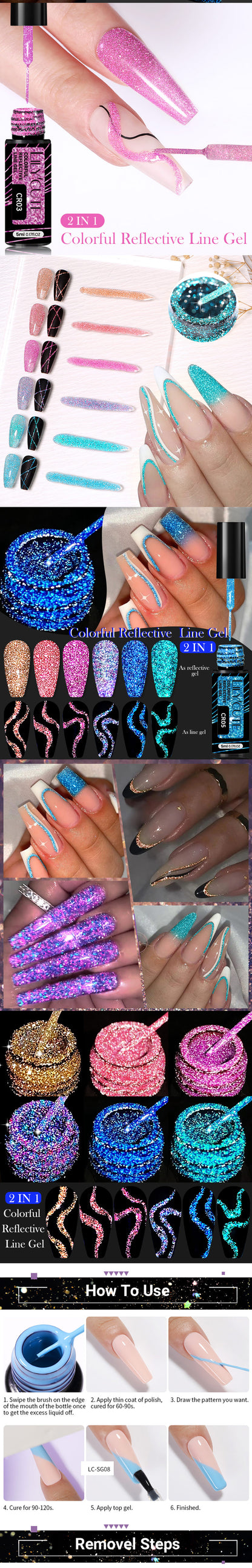 6Pcs Reflective Glitter Nail Art Liner Gel Kit