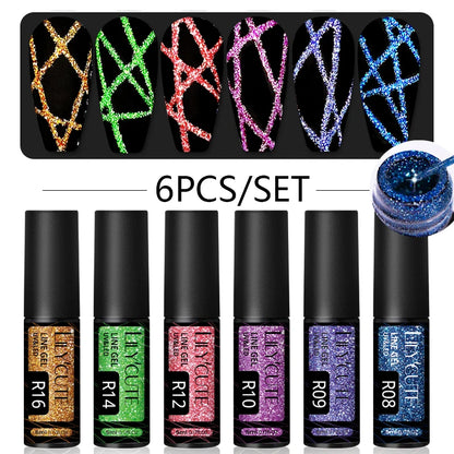 6Pcs Reflective Glitter Nail Art Liner Gel Kit