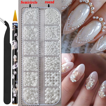 12-Grids Half Round Pearls Beads & Rhinestones for Nail Art