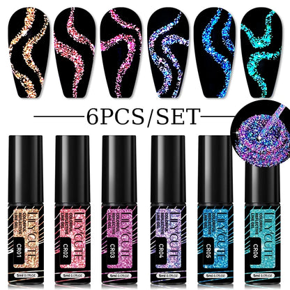 6Pcs Reflective Glitter Nail Art Liner Gel Kit