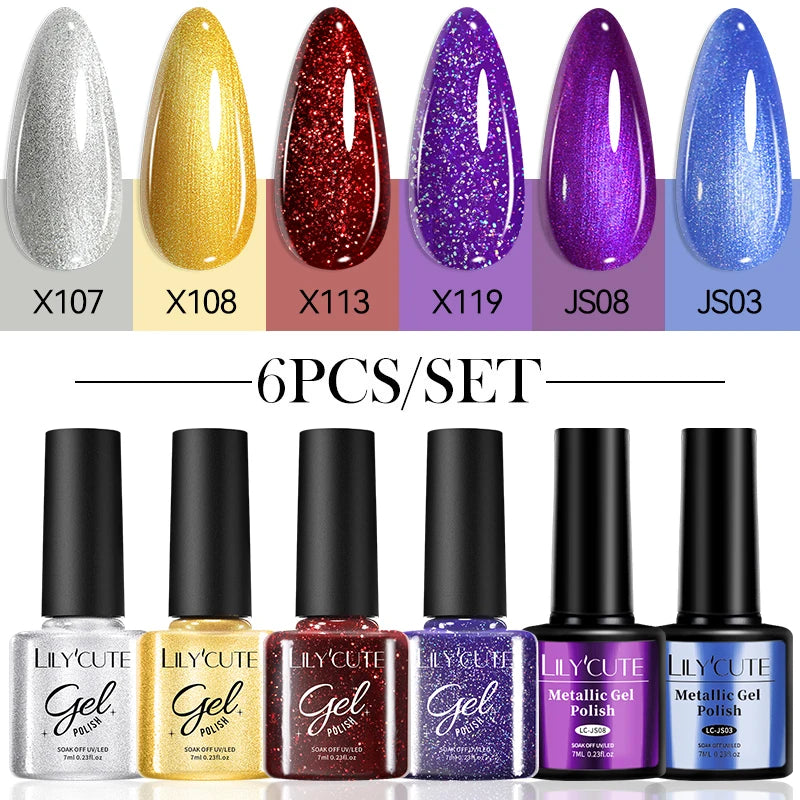 6Pcs Reflective Glitter Nail Art Liner Gel Kit