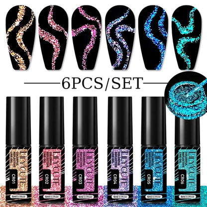 6Pcs Reflective Glitter Nail Art Liner Gel Kit