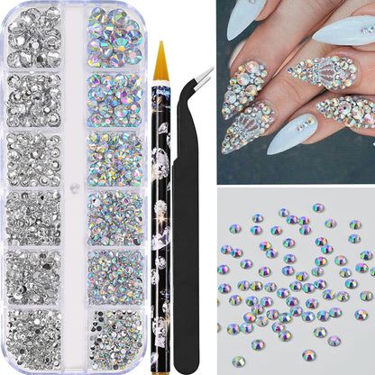 12-Grids Half Round Pearls Beads & Rhinestones for Nail Art