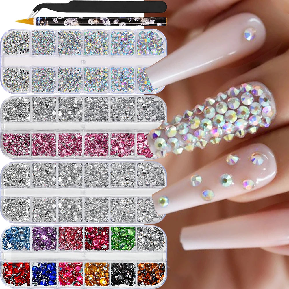 12-Grids Half Round Pearls Beads & Rhinestones for Nail Art