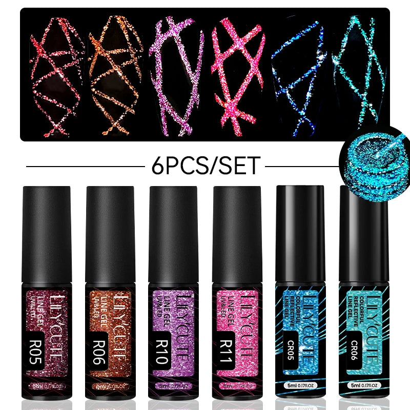 6Pcs Reflective Glitter Nail Art Liner Gel Kit