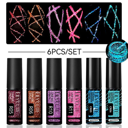 6Pcs Reflective Glitter Nail Art Liner Gel Kit