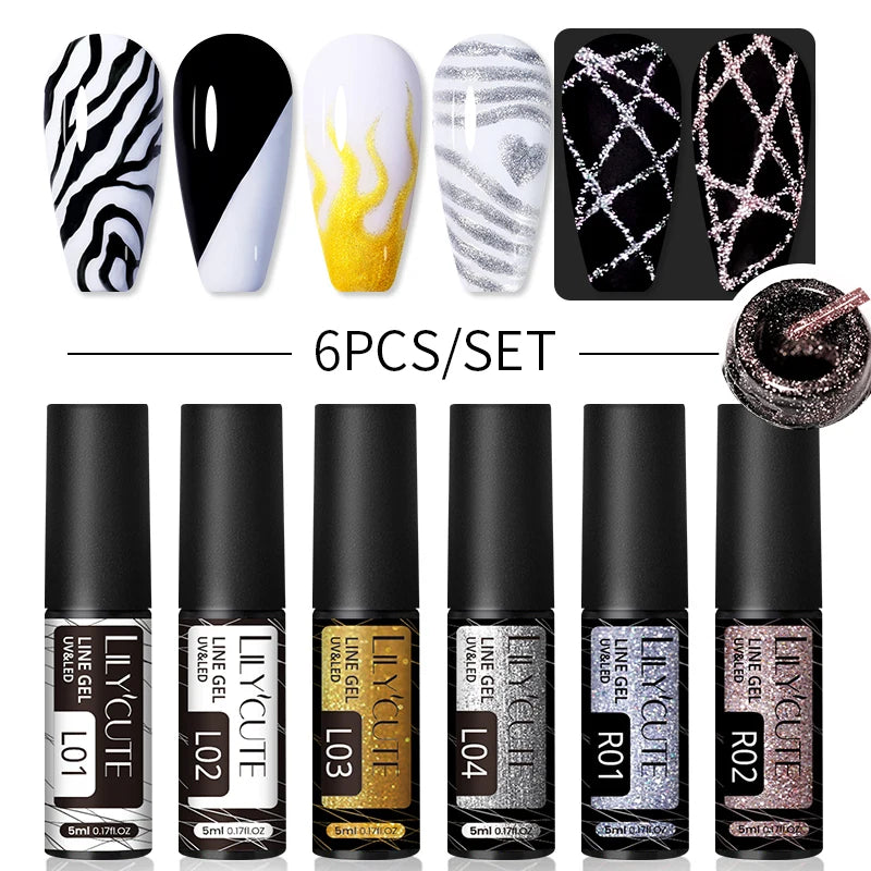 6Pcs Reflective Glitter Nail Art Liner Gel Kit