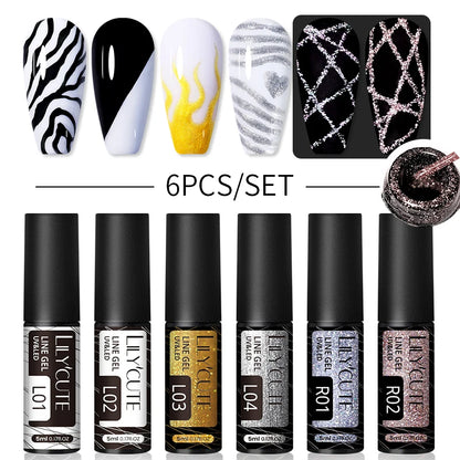 6Pcs Reflective Glitter Nail Art Liner Gel Kit