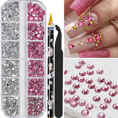 12-Grids Half Round Pearls Beads & Rhinestones for Nail Art