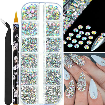 12-Grids Half Round Pearls Beads & Rhinestones for Nail Art