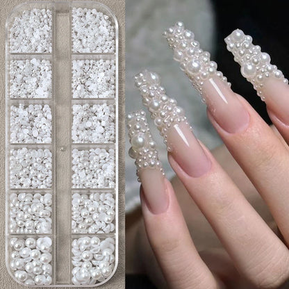 12-Grids Half Round Pearls Beads & Rhinestones for Nail Art