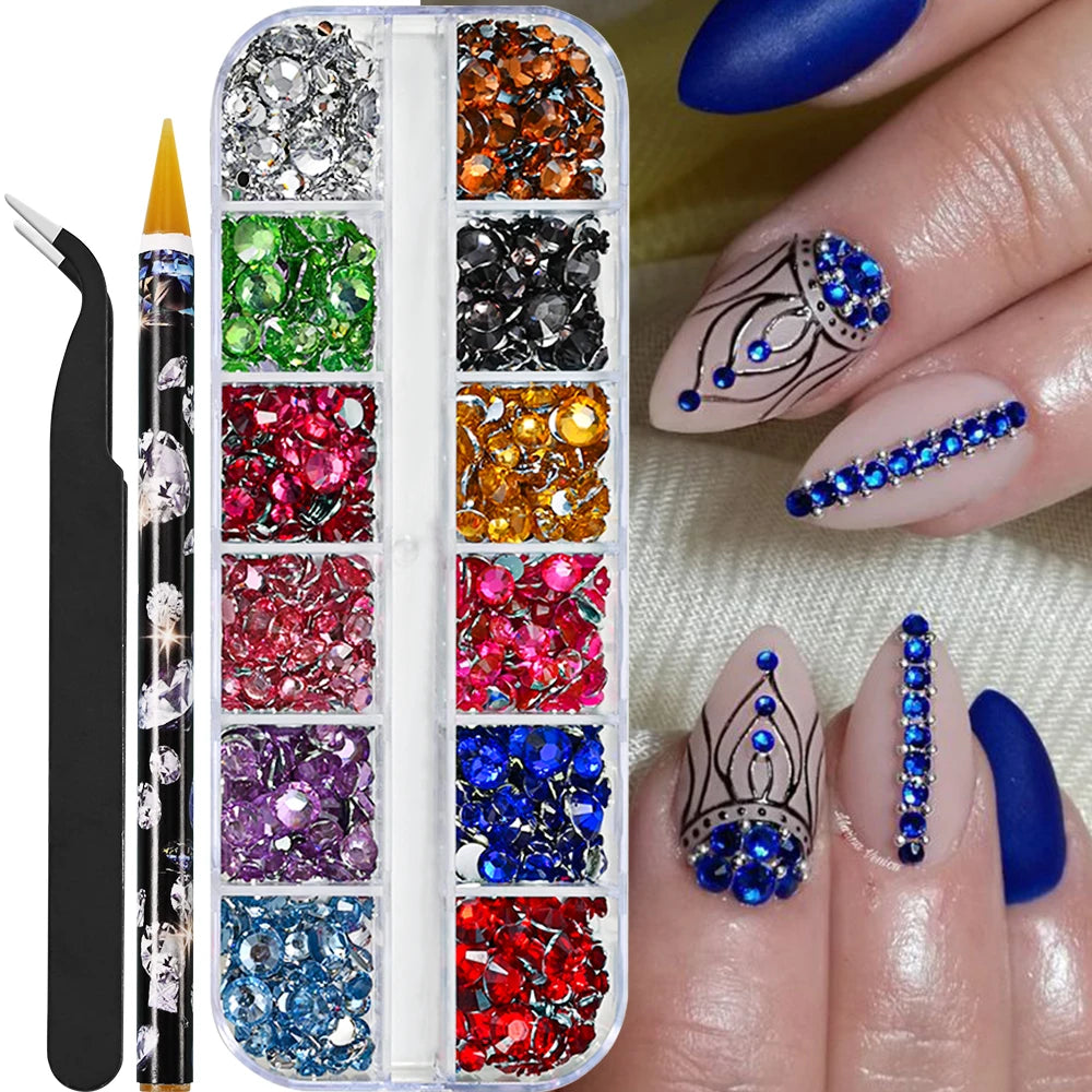 12-Grids Half Round Pearls Beads & Rhinestones for Nail Art