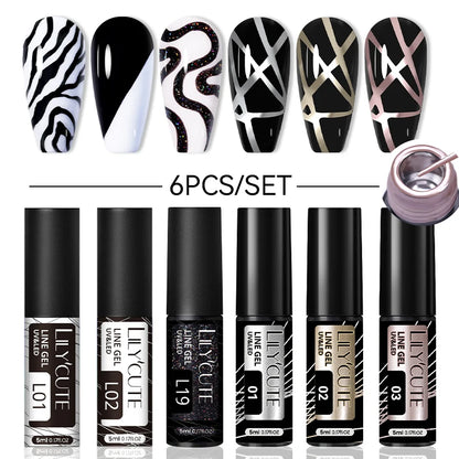 6Pcs Reflective Glitter Nail Art Liner Gel Kit