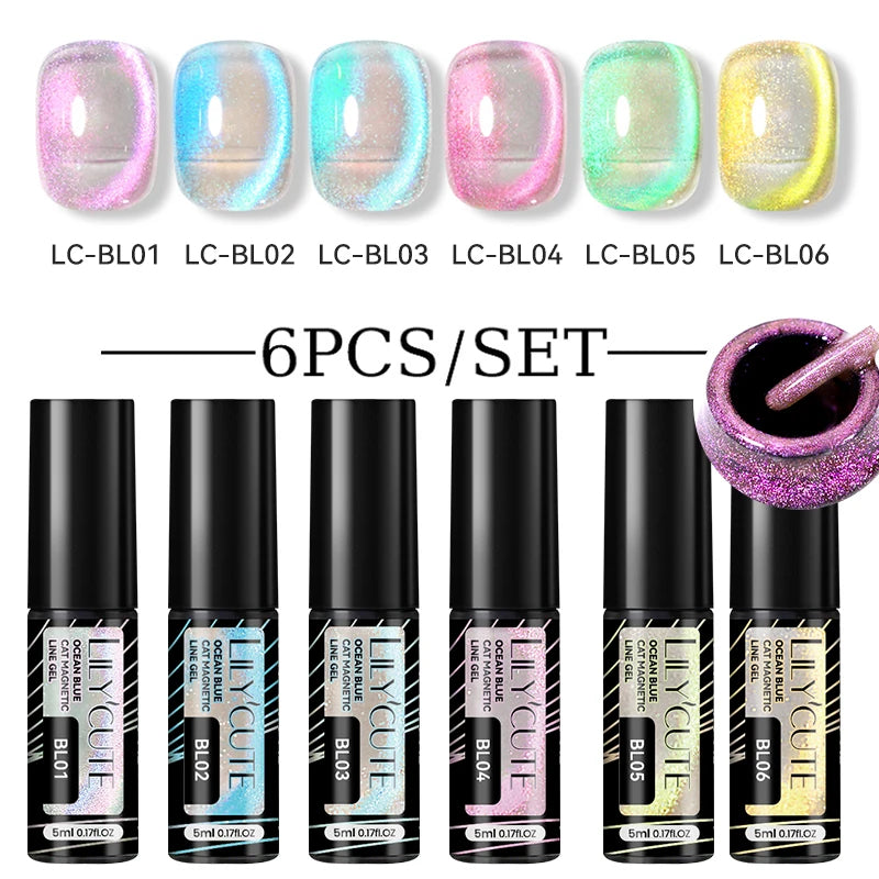 6Pcs Reflective Glitter Nail Art Liner Gel Kit