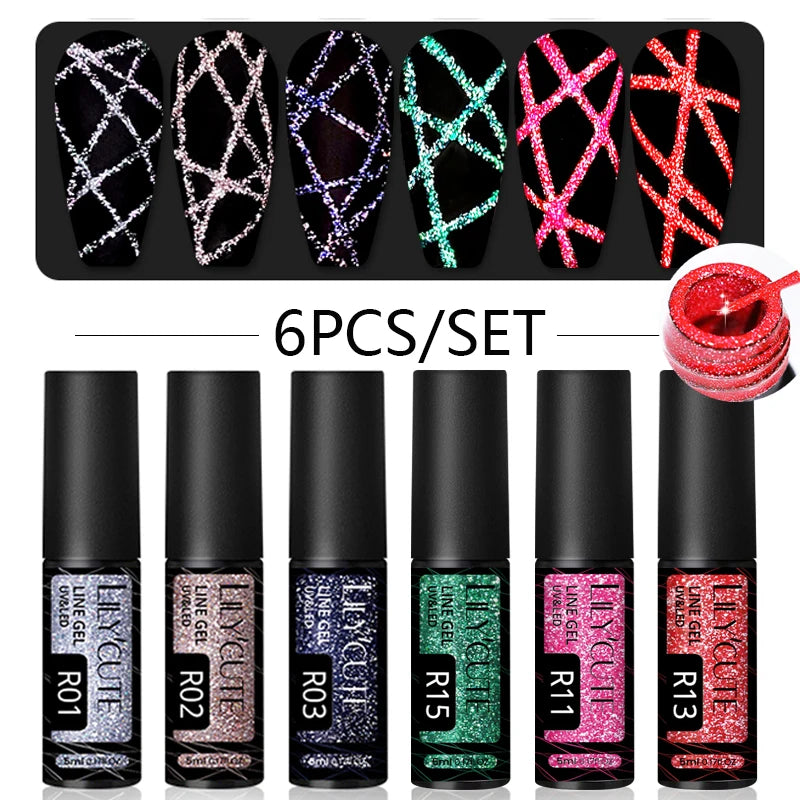 6Pcs Reflective Glitter Nail Art Liner Gel Kit