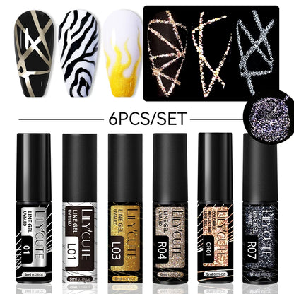 6Pcs Reflective Glitter Nail Art Liner Gel Kit