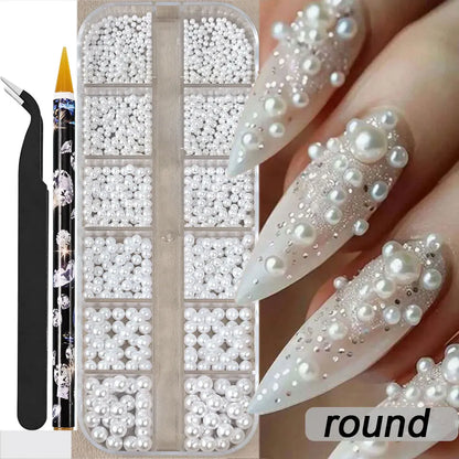 12-Grids Half Round Pearls Beads & Rhinestones for Nail Art